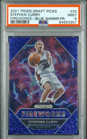 2021-22 Panini Prizm Draft STEPHEN CURRY Fireworks BLUE SHIMMER /13 FOTL SSP PSA 9 Mint