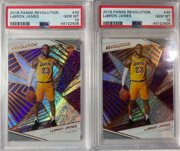 LeBRON JAMES 1st LAKERS CARD PSA 10 LOT (2) 2018 REVOLUTION #40 LA LAKERS KING