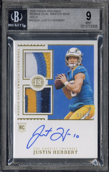2020 Panini Encased Justin Herbert Rookie Dual Swatch Auto Gold /10