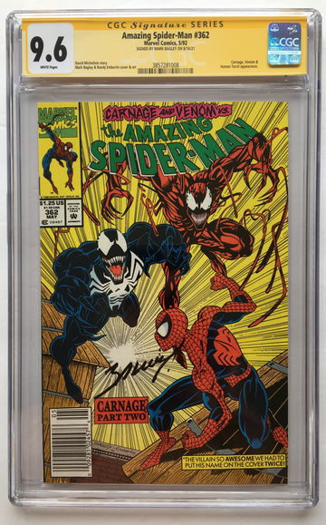 AMAZING SPIDER-MAN #362 NEWSSTAND SIGNED Mark Bagley CGC 9.6 FREE S/H.