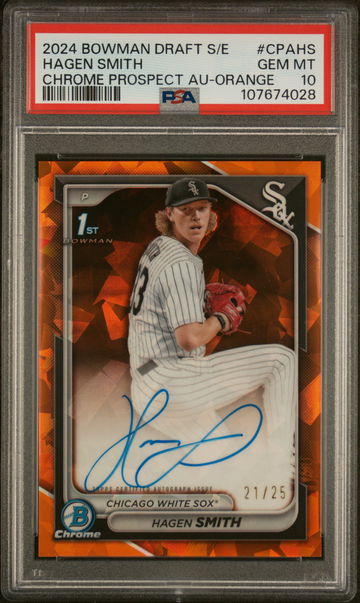 2024 Bowman Draft Sapphire Edition Chrome Sapphire Prospect Autographs Orange Hagen Smith #CPAHS /25 PSA 10
