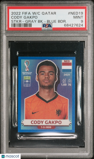 2022 Panini FIFA World Cup Qatar Stickers Cody Gakpo #NED19 Stkr Gray BK Blue BDR. PSA 9