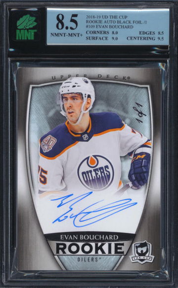 2018-19 The Cup #109 Evan Bouchard Rookie Black Foil Auto 1 of 1 MNT 8.5