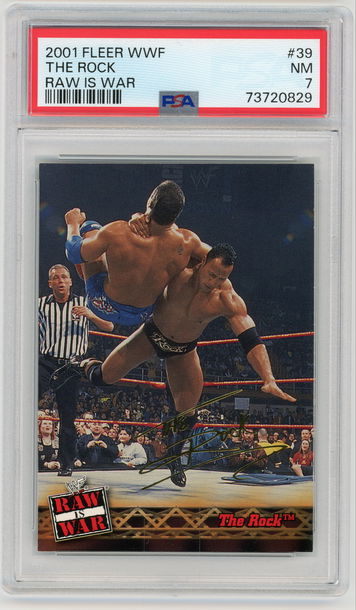 THE ROCK 2001 Fleer WWF Raw is War Gold Sig PSA 7 SN 29