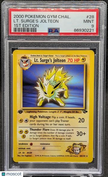 2000 Pokemon Gym Challenge Lt. Surge's Jolteon #28 1st Edition PSA 9