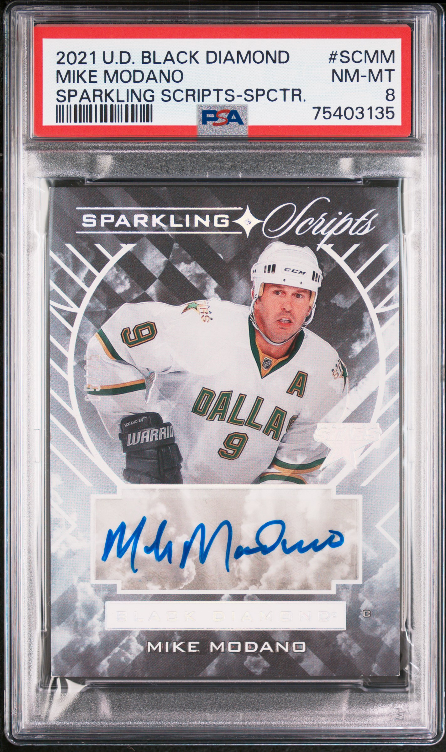 2021 Upper Deck Black Diamond Sparkling Scripts Mike Modano PSA 8