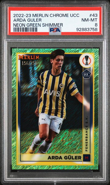 2022 Topps Merlin Chrome UEFA Club Competitions #43 Arda Guler Neon Green Shimmer PSA 8