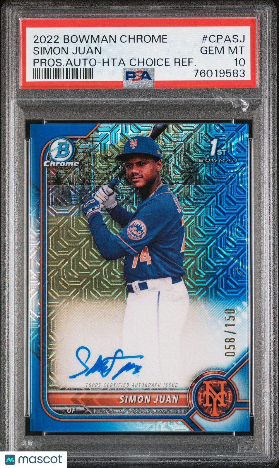 2022 Bowman Chrome Simon Juan BLUE HTA REFRACTOR AUTO /150 1st Mets CPASJ PSA 10