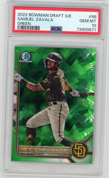 2022 Bowman Draft Sapphire Edition Samuel Zavala Green Refractor Chrome #'d 05/50 PSA 10 GEM MINT #98 Padres
