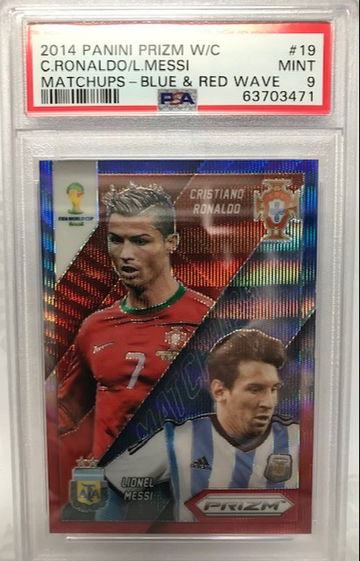 2014 Panini Prizm World Cup Matchups Ronaldo/Messi Red/Blue Wave PSA 9