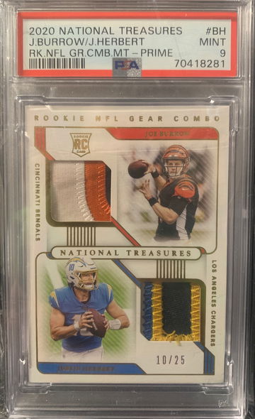 2020 National Treasures Burrow Herbert 10/25 (Herbert Jersey #) * Rookie Gear Combo Prime * PSA 9 * Pop 2, 0 higher 🔥