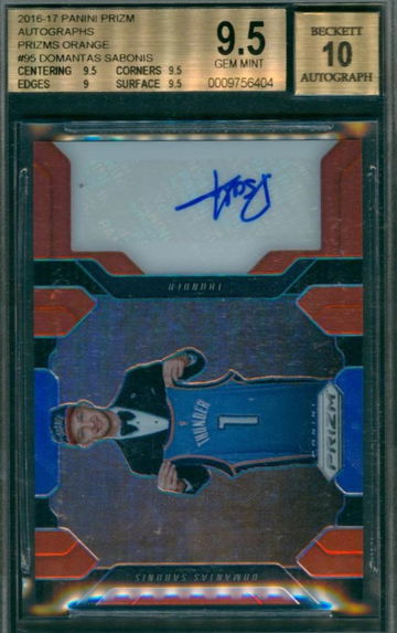 2016-17 Panini Prizm Autographs Prizms Orange Domantas Sabonis BGS 9.5 Auto 10 Gem Mint RC #7/25