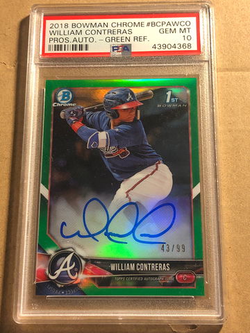 William Contreras 2018 Bowman Chrome Green Refractor Auto PSA 10