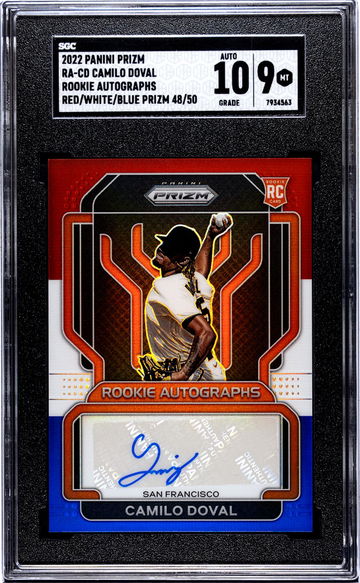 2022 Panini Prizm #RA-CD Camilo Doval Rookie Autos. Red/White/Blue Prizm 48/50 SGC 9