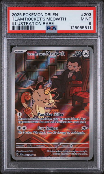 2025 Pokemon Scarlet and Violet Destined Rivals Illustration Rare Team Rocket's Meowth #203 PSA 9