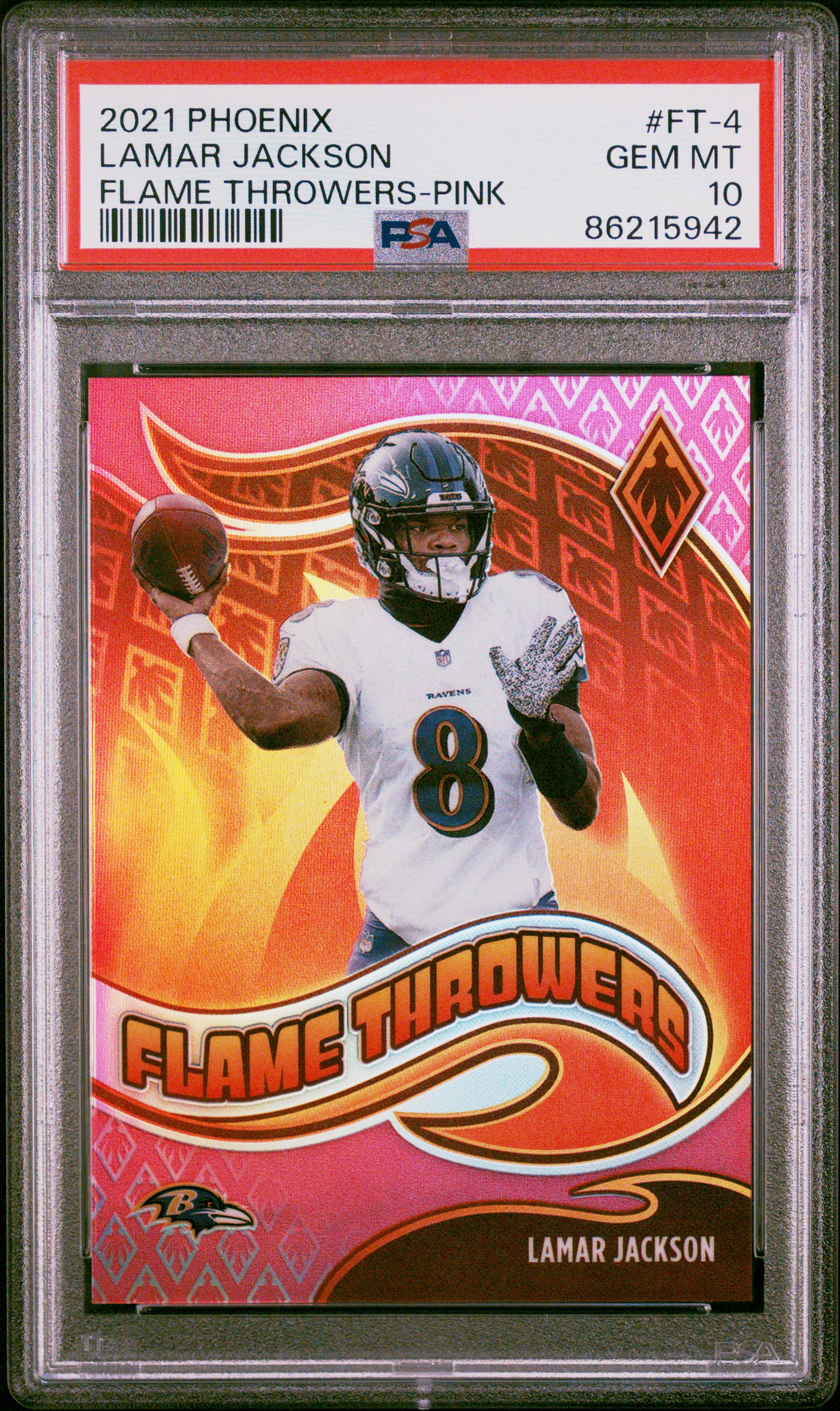 Lamar Jackson 2021 Panini Phoenix Flame Throwers Pink /175 PSA10 GEM MT Ravens