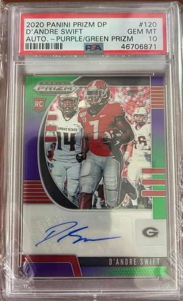 2020 Prizm Purple Green Auto / 199 Lions D'ANDRE SWIFT RC Card PSA 10 GEM MINT 