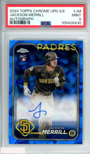 2024 TOPPS CHROME JACKSON MERRILL#JM SAPPHIRE UPD SER 11 OF 99 AU RC PSA 9