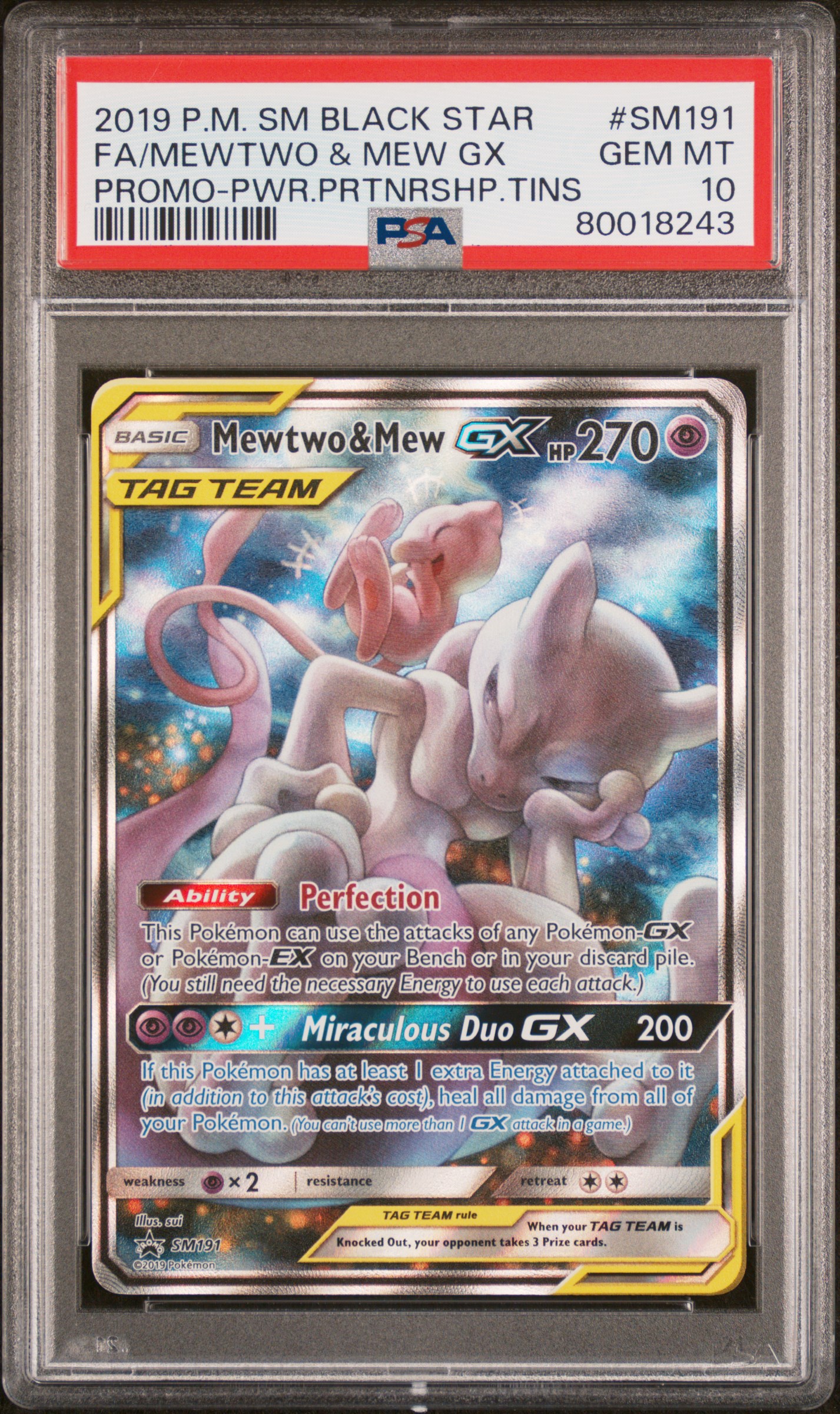 2019 Pokemon Sm Black Star Promo Fa Mewtwo & Mew Gx #SM191 PSA 10