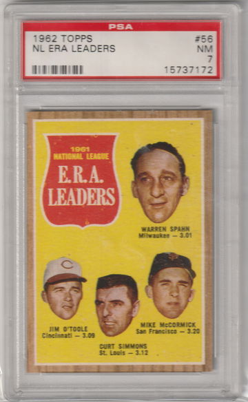 1962 Topps #56 National League ERA Leaders with HOFer Warren Spahn PSA 7
