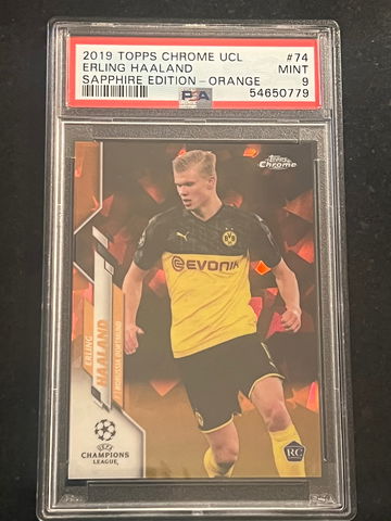 2019-20 Topps Chrome Sapphire Erling Haaland UCL UEFA Orange Refractor 42/50 PSA 9