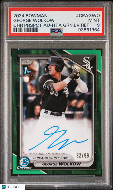 2024 Bowman Chrome Prospect Autographs George Wolkow #CPAGWO Prspct Hta GRN Lava /99 PSA 9