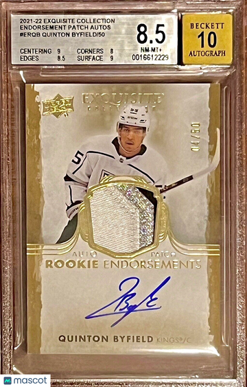 /50 BGS 8.5 10 Quinton Byfield 2021-22 UD The Cup Rookie Endorsements Patch Auto