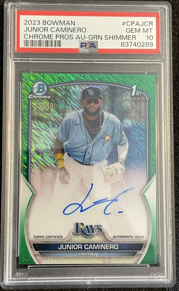 2023 Bowman Chrome 1st Junior Caminero #CPAJCR Green Shimmer Auto #11/99 PSA 10