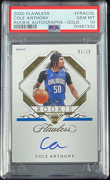 Cole Anthony 2020 Flawless Rookie On-Card Autographs Gold #01/10 #FRA-COL PSA 10 POP 1