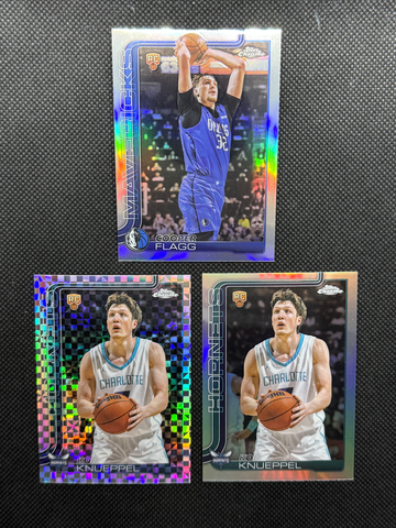3X 2025 Topps Chrome Cooper Flagg and Kon Knueppel Rookie RC Refractor Lot.