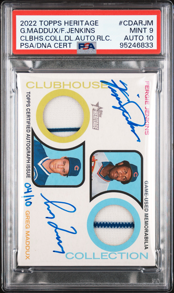 2022 Topps Heritage Greg Maddux Fergie Jenkins Dual Relic Auto /10 PSA 9