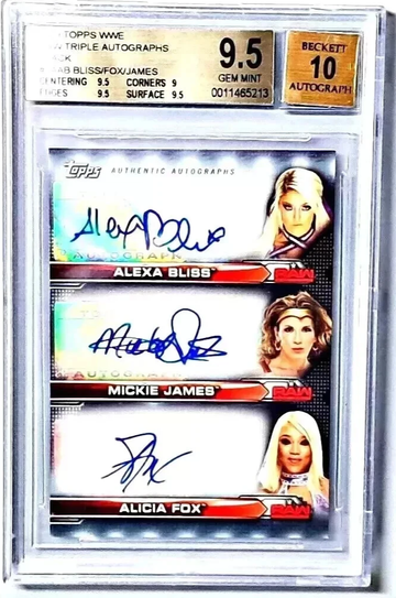 2019 Topps WWE ALEXA BLISS / MICKIE JAMES / ALICIA FOX 1/1 BLACK TRIPLE AUTO BGS 9.5 / AUTO 10