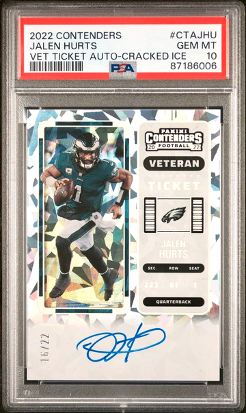 2022 Contenders JALEN HURTS Veteran Ticket Cracked Ice Auto /22 PSA 10