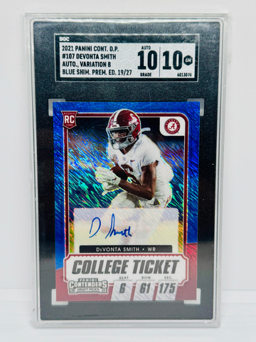 2021 Contenders Draft Picks DEVONTA SMITH Rookie Ticket Blue Shimmer Auto /27 SGC 10/10