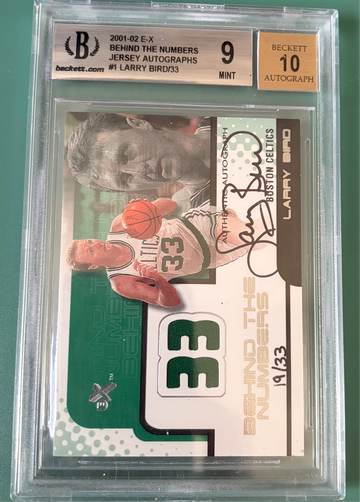 2001-02 EX Behind The Numbers Jersey Autograph #1 Larry Bird /33 Beckett 