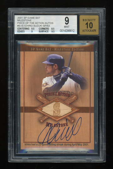 Ichiro 2001 Upper Deck SP Game Bat Milestone Game Used Bat Auto RC SP/53 BGS 9 