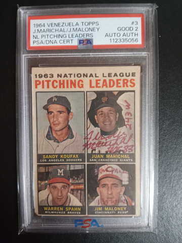 1964 Venezuela Topps pitching leaders PSA 2 authentic Auto Juan marichal Jim maloney