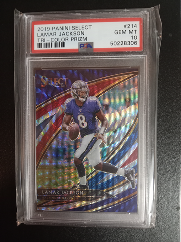2019 select Lamar Jackson #214 tri color prism PSA 10 field level /99