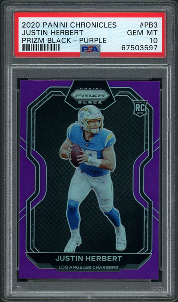 2020 Panini Chronicles Justin Herbert Prizm Black Purple #/125 Card #PB3 PSA 10