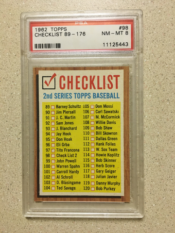 1962 Topps #98 Checklist 89-176 PSA 8 NM-MT 2nd SERIES