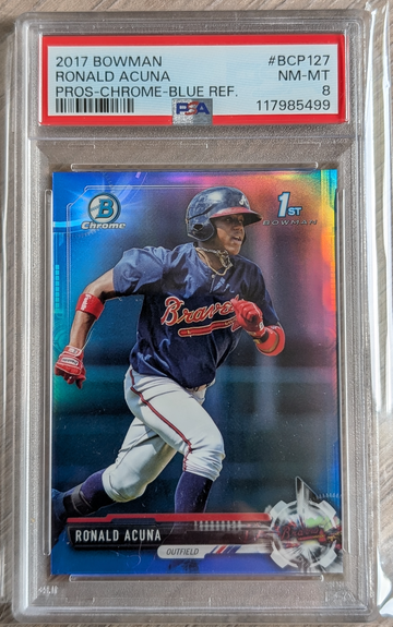 2017 Bowman Chrome Ronald Acuna Prospects Blue Refractor /150 #BCP127 PSA 8