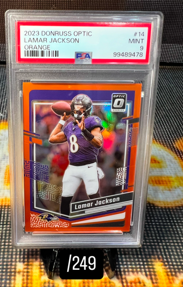 2023 Optic /249 Orange #14 Lamar Jackson PSA 9