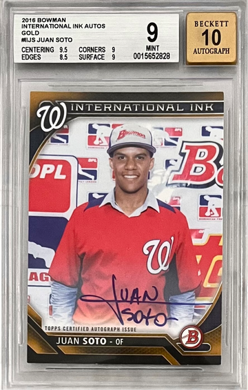 2016 Bowman International Ink Juan Soto Gold #/99 Auto BGS 9 Auto 10 