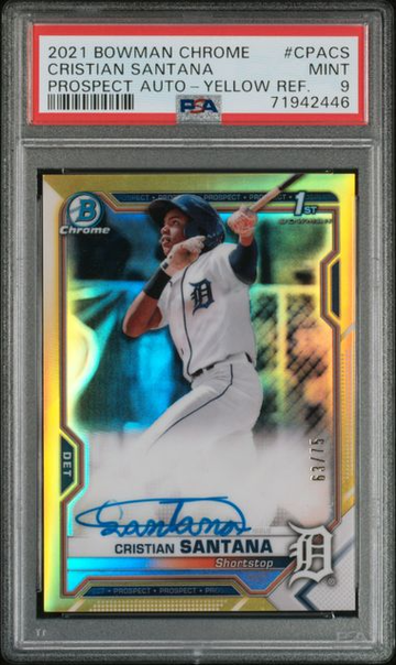 2021 Bowman Chrome Cristian Santana Autograph Yellow Refractor PSA 9