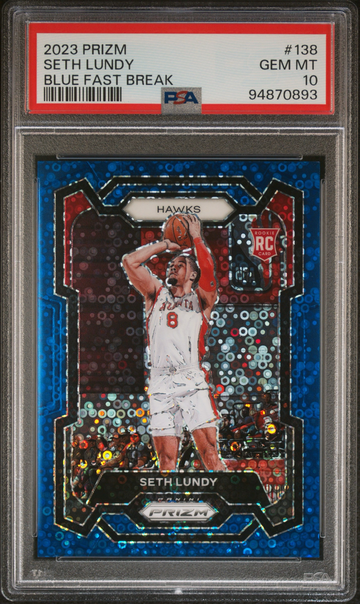 2023-24 Panini Blue Fast Break Prizm Seth Lundy Hawks RC Rookie 110/150 PSA 10