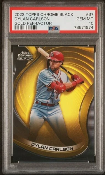 2022 Topps Chrome Black Dylan Carlson Gold Refractor PSA 10