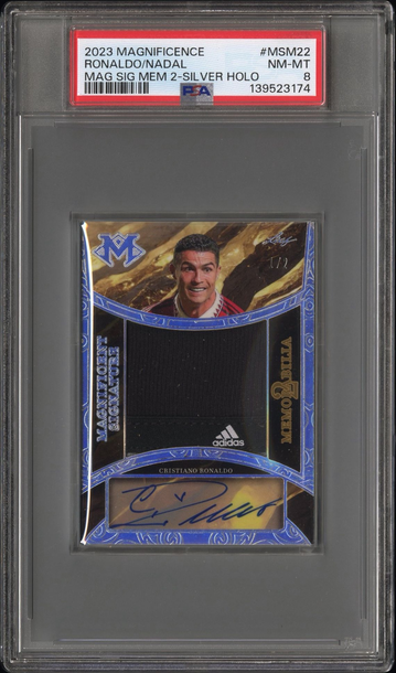 2023 Magnificence Cristiano Ronaldo / Rafael Nadal Dual Game Worn Adidas Patch Auto /2 PSA 8