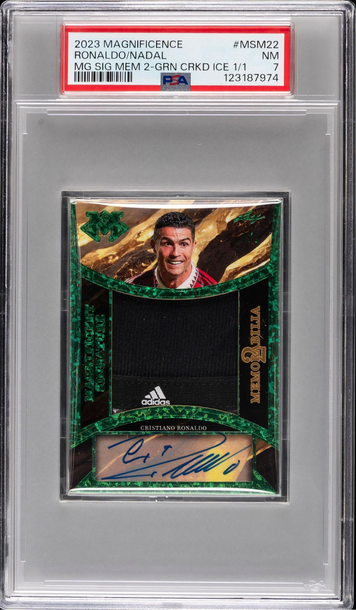 2023 MAGNIFICENCE MAGNIFICENT SIGNATURE MEMORABILIA 2 MG SIG MEM 2-GRN CRKD ICE CRISTIANO RONALDO RAFAEL NADAL /1 PSA 7