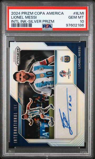 2024 PANINI PRIZM CONMEBOL COPA AMERICA INTERNATIONAL INK INTL INK-SILVER PRIZM LIONEL MESSI /99 PSA 10