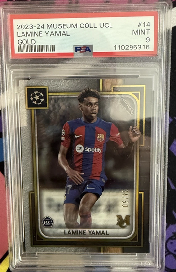 2023-24 Topps Museum Collection UCL #14 Lamine Yamal - Gold /50 RC PSA 9 POP 7